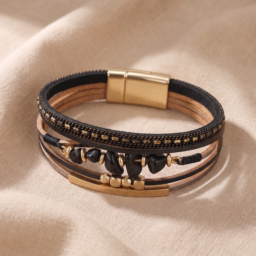 DOROTHY | BLACK STONE CHIP LEATHER BRACELET