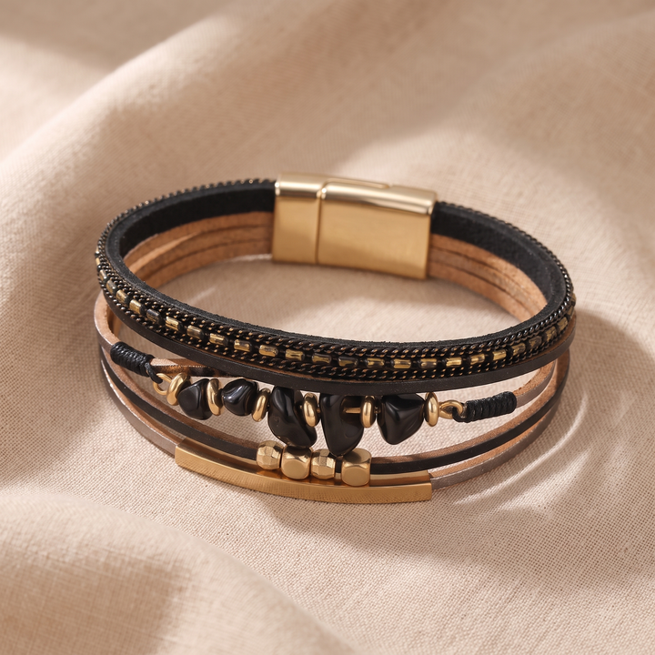 DOROTHY | BLACK STONE CHIP LEATHER BRACELET